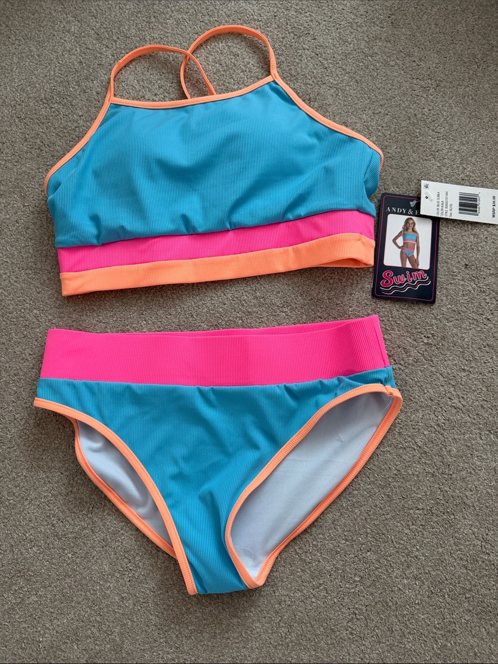 Andy & Evan Blue Bikini Set with Pink and Orange Trim